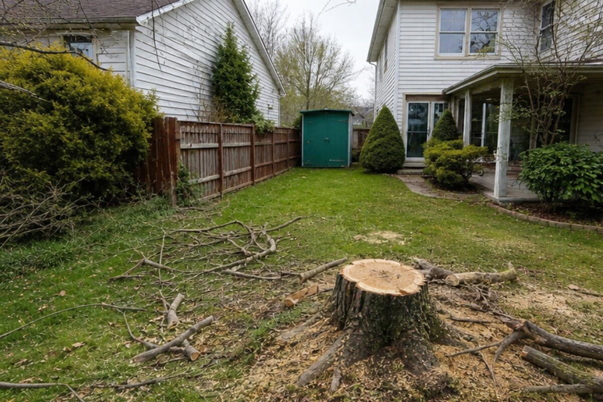Before stump grinding - Michigan backyard with a fresh stump and tree debris